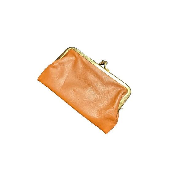 Vintage Leather Coin Purse With Metal Frame & Kiss Lock Closure - Orange - Picture 3 of 6